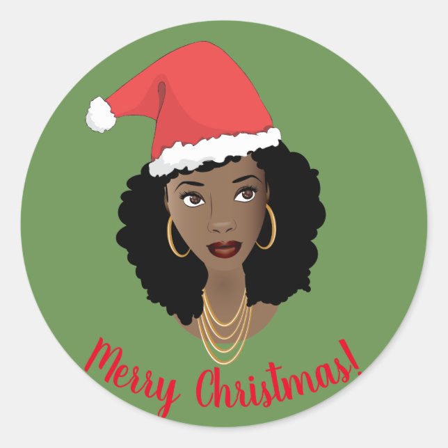 Adesivo Redondo Feliz Natal, Mulher Negra, Chapéu Negra Vermelho,  (Frente)