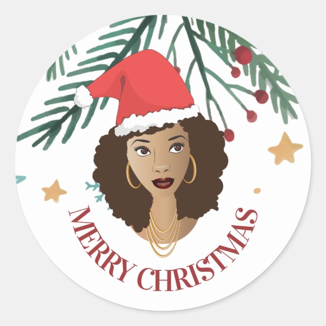 Adesivo Redondo Feliz Natal, Mulher Negra, Chapéu Vermelho de Sant (Frente)