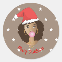Adesivo Redondo Feliz Natal! Mulher Negra, Santa Chapéu, Goma, Est