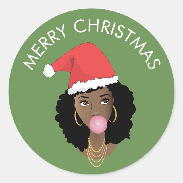 Adesivo Redondo Feliz Natal Mulher Negra, Santa Hat, Bubblegum (Frente)