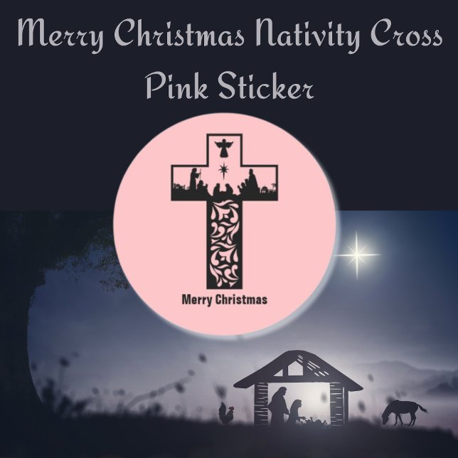 Adesivo Redondo Feliz Natal Natividade Cross Pink (Merry Christmas Nativity Cross Pink Classic Round Sticker)