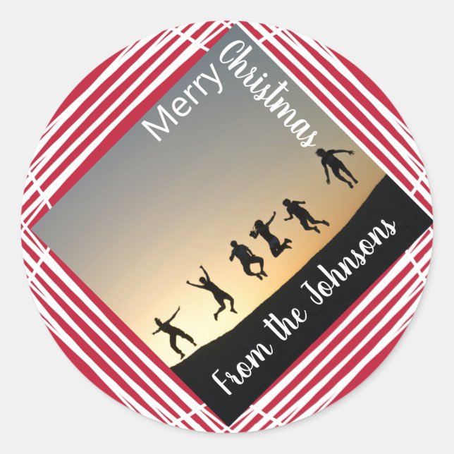 Adesivo Redondo Feliz Natal Nome da Família Foto Red Gift (Frente)