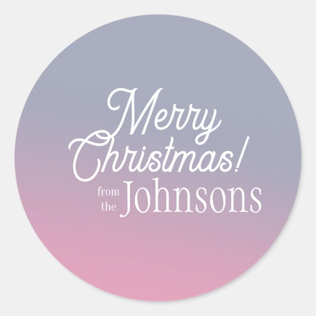 Adesivo Redondo Feliz Natal Nome da Família Ombre Lilac Rosa (Frente)