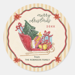 Adesivo Redondo Feliz Natal Nome da Família Sleigh Listras