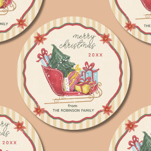 Adesivo Redondo Feliz Natal Nome da Família Sleigh Listras