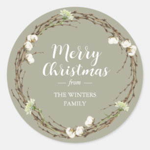 Adesivo Redondo Feliz Natal Nome da Família Winter Greenery
