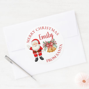 Adesivo Redondo Feliz Natal Nome do Papai Noel Bagas Sino Vermelho