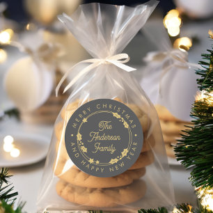 Adesivo Redondo Feliz Natal Nome Personalizado Script Coroa de Aze