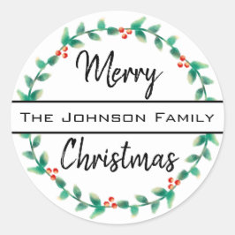 Adesivo Redondo Feliz Natal Nome Pessoal da Família Holly Wreath
