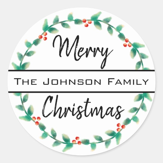 Adesivo Redondo Feliz Natal Nome Pessoal da Família Holly Wreath (Frente)