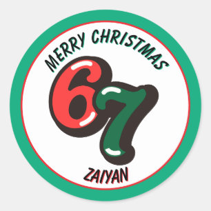 Adesivo Redondo Feliz Natal Números Verdes 6 & 7 Nome Personalizad