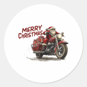 Adesivo Redondo Feliz Natal Papai Noel andando em uma motocicleta