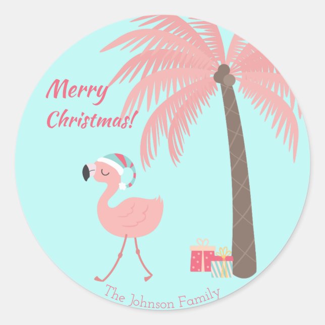 Adesivo Redondo Feliz Natal  -  Papai Noel Tropical Doce Flamingo  (Frente)
