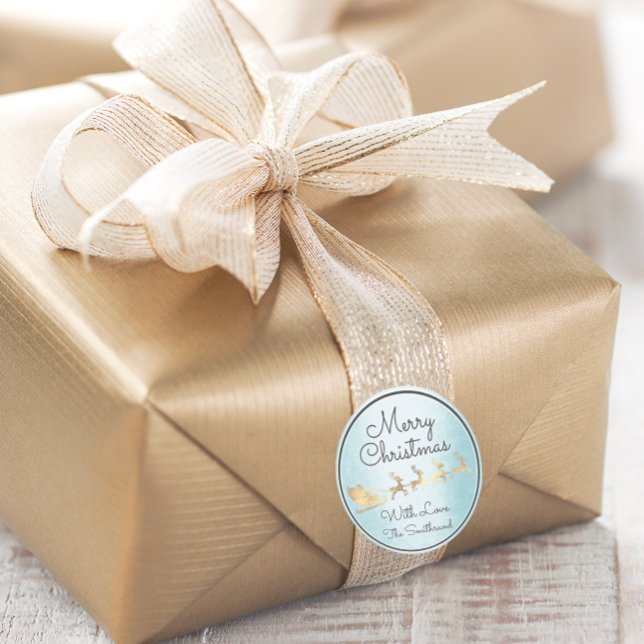 Adesivo Redondo Feliz Natal Papais noeis Dourados Reindeer (Merry Christmas Blue Gold Santa Reindeer Sleight Classic Round Sticker)