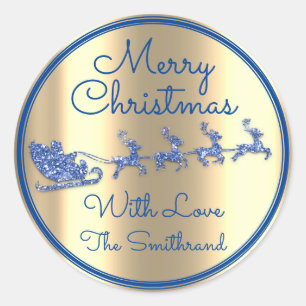 Adesivo Redondo Feliz Natal Para A Glitter Azul Marinho Dourado