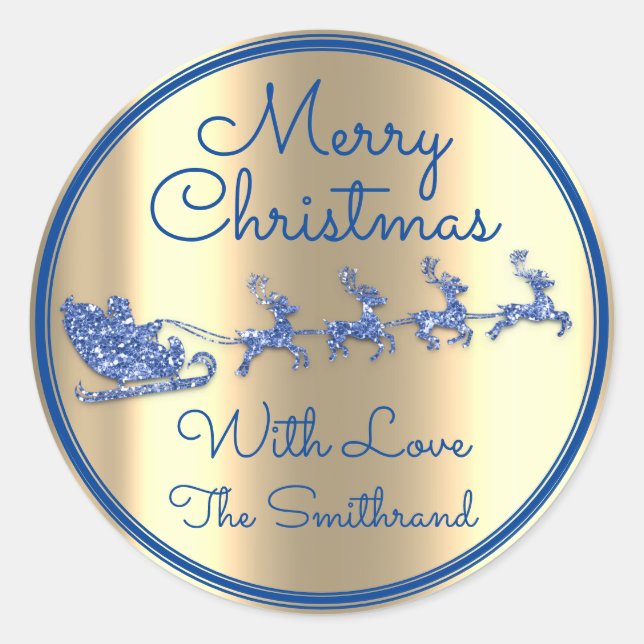 Adesivo Redondo Feliz Natal Para A Glitter Azul Marinho Dourado (Frente)