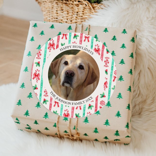 Adesivo Redondo Feliz Natal para Cachorros (Happy Howlidays Dog Photo Christmas Classic Round Sticker)
