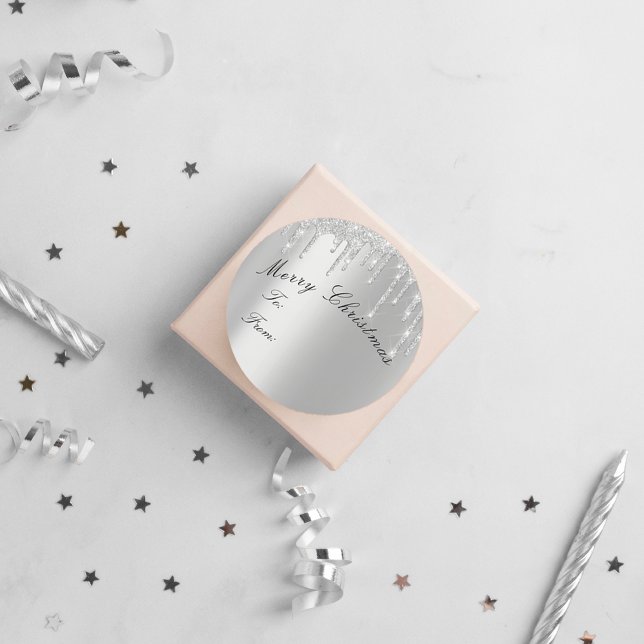 Adesivo Redondo Feliz Natal Para Feriados Gota Cinza (Merry Christmas To From Holidays Spark Drips Gray Classic Round Sticker)