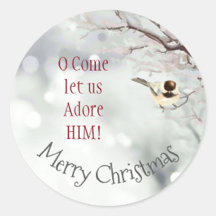 Adesivo Redondo Feliz Natal Para Vir Deixe-Nos Adorar Ele Pássaro