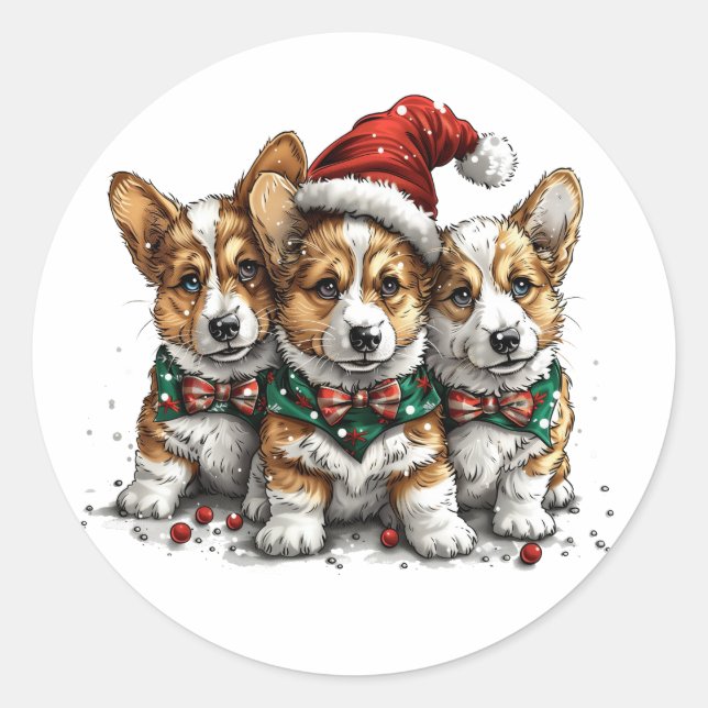Adesivo Redondo Feliz Natal Pembroke Welsh Corgi Puppies (Frente)