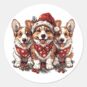 Adesivo Redondo Feliz Natal Pembroke Welsh Corgi Puppies
