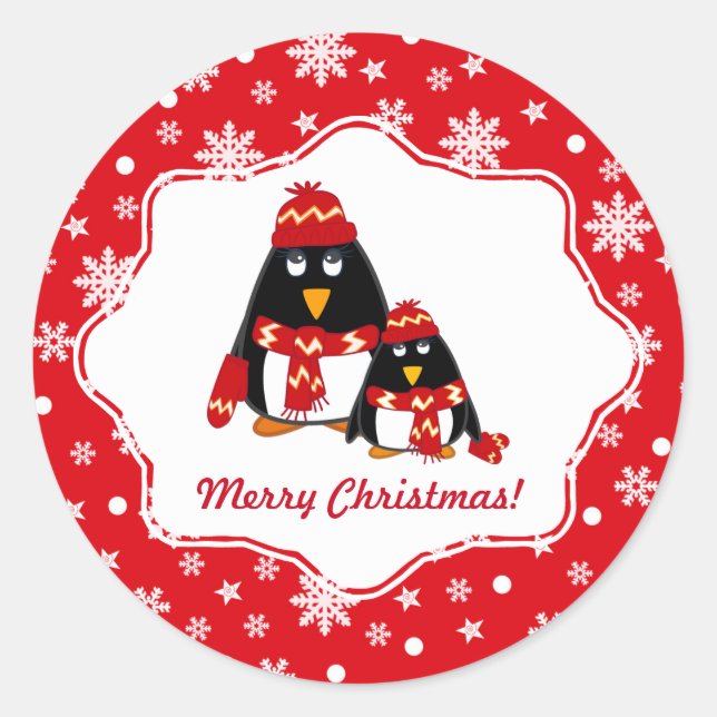 Adesivo Redondo Feliz Natal. Pequenos Pinguins Engraçados (Frente)