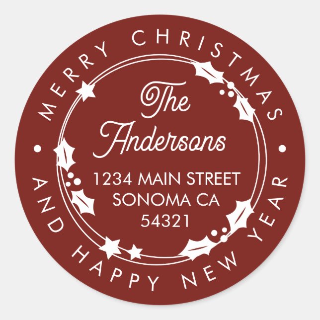 Adesivo Redondo Feliz Natal Personalizado Endereço de Script Wreat (Frente)