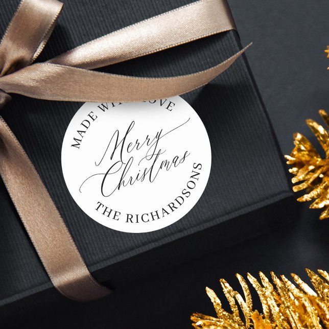 Adesivo Redondo Feliz Natal Personalizado Feito Com Amor Branco (Personalized Merry Christmas Made With Love White Classic Round Sticker)