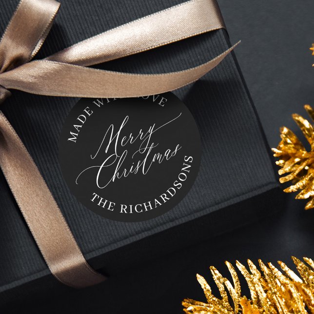 Adesivo Redondo Feliz Natal Personalizado Feito Com Amor Preto (Personalized Merry Christmas Made With Love Black Classic Round Sticker)