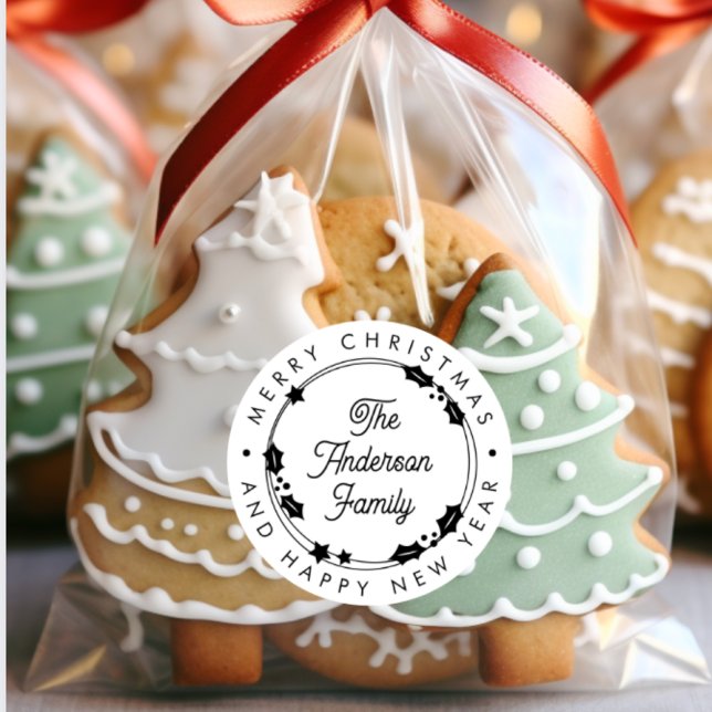 Adesivo Redondo Feliz Natal Personalizado Script Holly Wreath (Criador carregado)