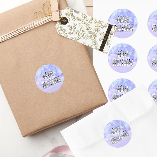 Adesivo Redondo Feliz Natal, Pessoas de neve, neve azul (Merry Christmas Snow People Font, Blue Tint Snow Classic Round Stickers)