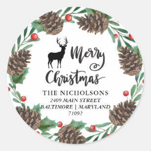 Adesivo Redondo Feliz Natal   Pinecones Wreath Return Address