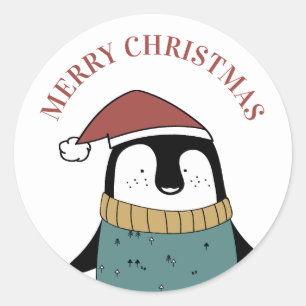 Adesivo Redondo Feliz Natal. Pinguim bonito. Papais noeis engraça