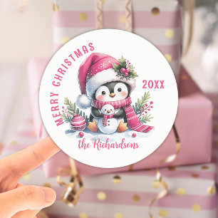 Adesivo Redondo Feliz Natal, Pinguim Branco e Rosa