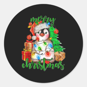 Adesivo Redondo Feliz Natal Pinguim Luz Santa Hat Funn