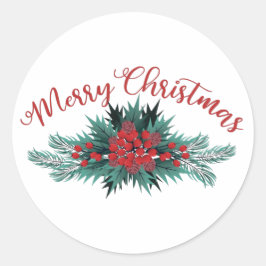 Adesivo Redondo Feliz Natal Pinheiro Galho Azevinho Baga Poinsetti