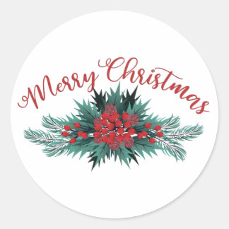 Adesivo Redondo Feliz Natal Pinheiro Ramagem Azevinho Baga Poinset