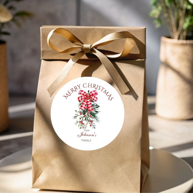 Adesivo Redondo Feliz Natal, pinheiros de arco vermelho (Merry Christmas personalized stickers red bow pines rustic Christmas gift Stickers)