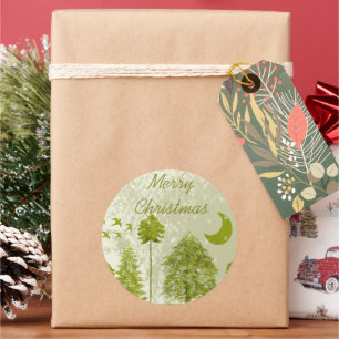 Adesivo Redondo Feliz Natal Pinheiros Verdes Lua e Estrelas