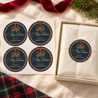 Adesivo Redondo Feliz Natal Plaid Azul Marinho Laço Vermelho