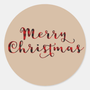 Adesivo Redondo Feliz Natal Plaid Vermelho de Búfalo de Férias