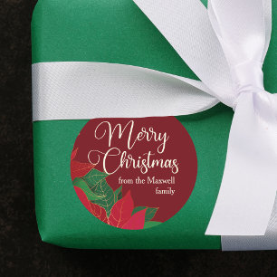 Adesivo Redondo Feliz Natal Poinsettia Elegante Red Custom Gift