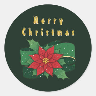 Adesivo Redondo 🎄 Feliz Natal Poinsettia Floral Festivo Presente