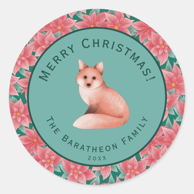 Adesivo Redondo Feliz Natal Poinsettia Personalizada Fox (Frente)