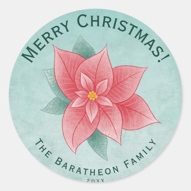 Adesivo Redondo Feliz Natal - Poinsettia Verde (Frente)