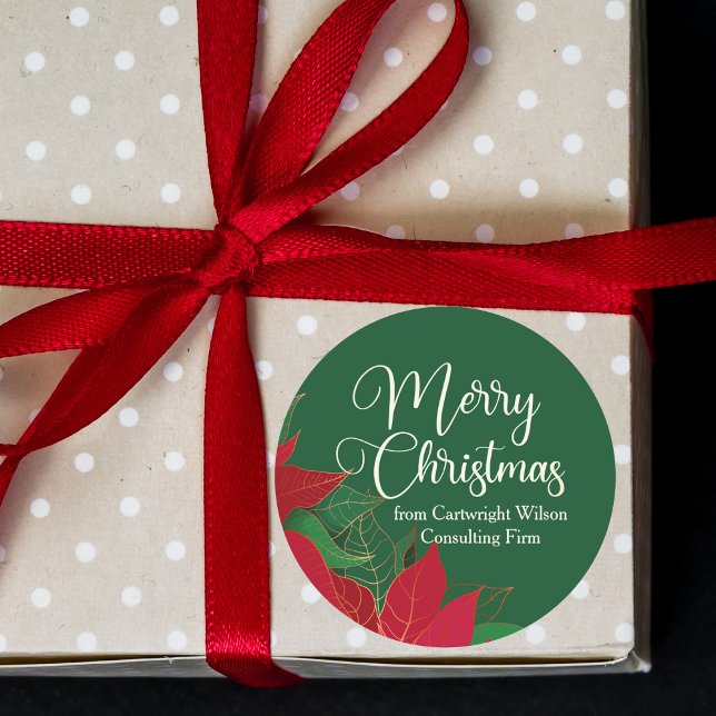 Adesivo Redondo Feliz Natal Poinsettia Verde Elegante (Criador carregado)