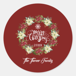 Adesivo Redondo Feliz Natal Poinsettia Wreath Monograma
