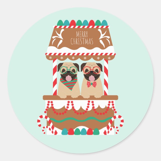 Adesivo Redondo Feliz Natal Pug Holiday Cães (Frente)
