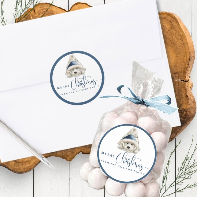 Adesivo Redondo Feliz Natal, Puppy Festivo, Azul e Branco (Criador carregado)