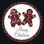Adesivo Redondo Feliz Natal Red & Black Xadrez Gingerpão<br><div class="desc">Homens de gengibre xadrez de búfalos vermelhos e pretos com uma fronteira xadrez correspondente. O texto Feliz Natal é definido com uma fonte de script preto de tendência abaixo da imagem em um plano de fundo branco. Um adesivo divertido para o padeiro ou amante de biscoitos gengibre!</div>
